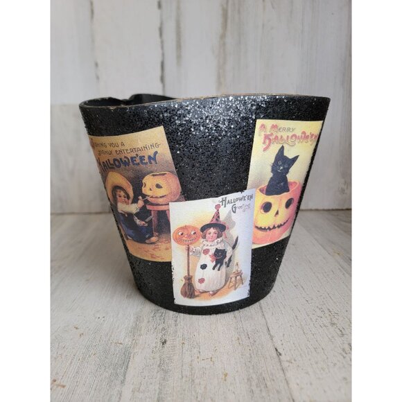 Halloween vintage AS IS bucket cardboard pail cat witch glittered - Picture 1 of 8